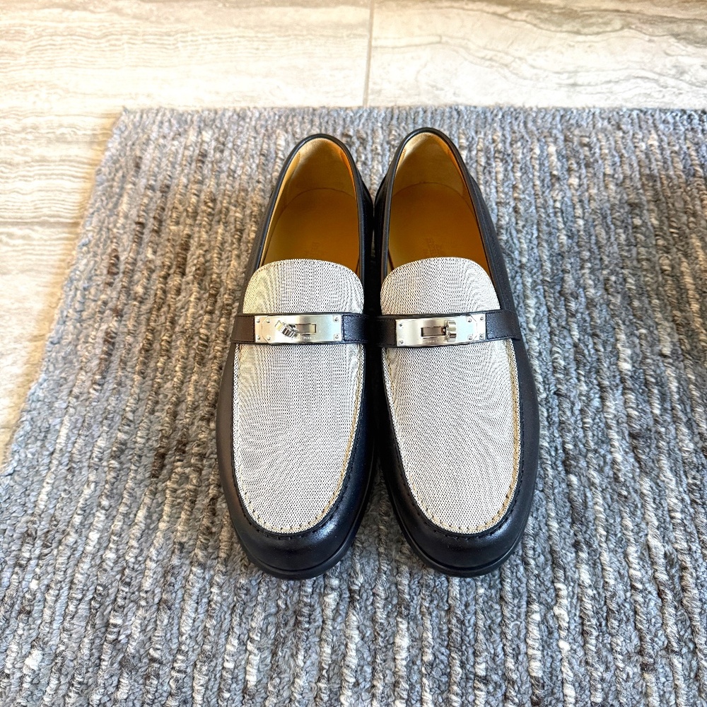 Hermes Destin Black and Gray Canvas Loafer